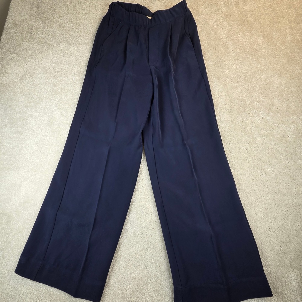 Tuckernuck Navy Blue Wide Leg Pleated Drape Trousers XXS High Rise Elastic Back
